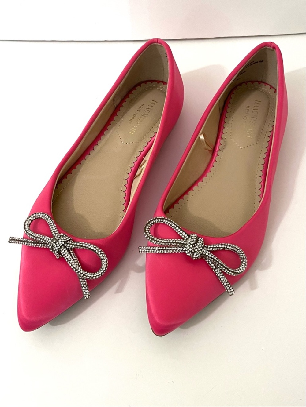 Isaac Mizrahi Pink Satin Rhinestone Bow Pointed Toe Flats Size 7